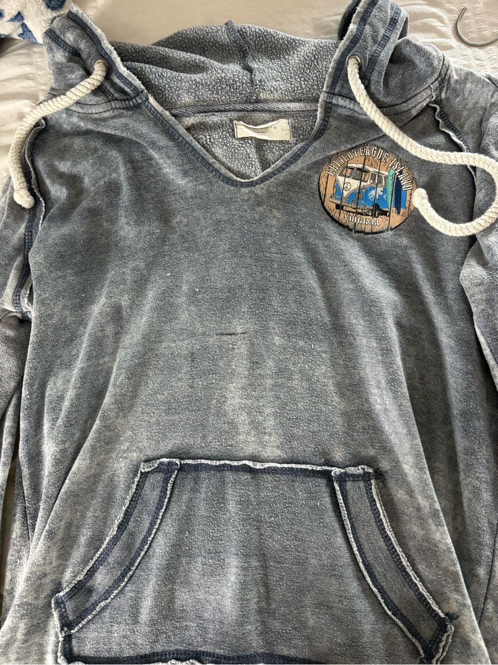 Washed Blue Hooded Women's Sweater with Front Pocket